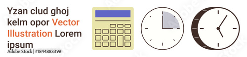 Time management, productivity, budgeting, finance, organization, planning. A calculator and two clock faces. Time management and productivity illustrated with clarity for versatile applications