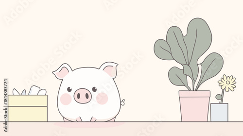 Charming Piglet Illustration with Gift Box and Potted Plants.
