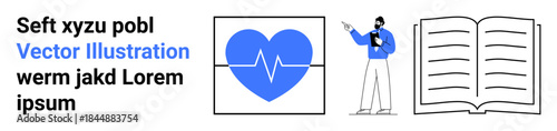 Heart with heartbeat line, instructor pointing at chart, and open book. Ideal for education, medical, presentation, infographic, healthcare, learning material simple landing page