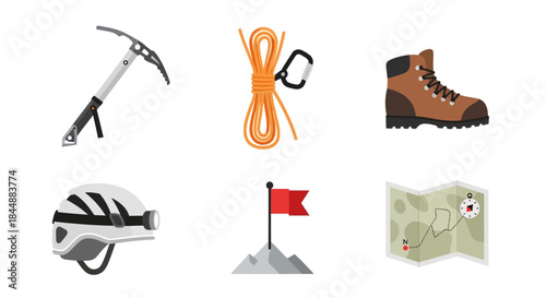 Flat lay of hiking and climbing equipment on a white background.