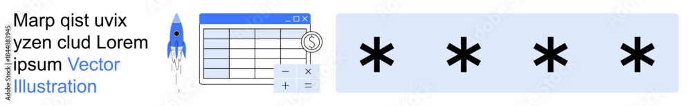 Obraz premium Data protection, password security, encryption, financial systems, digital tools, technology. A table, rocket icon and asterisks use abstract elements. Data security and password protection concept