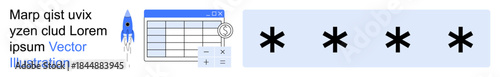 Data protection, password security, encryption, financial systems, digital tools, technology. A table, rocket icon and asterisks use abstract elements. Data security and password protection concept