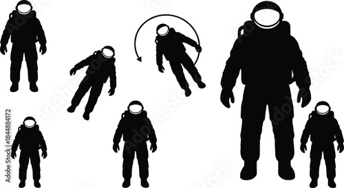 Black Silhouette Vector Illustration of Astronauts in Space Suits Floating and Rotating, Representing Zero Gravity, Space Exploration, and Science Education for Web Design