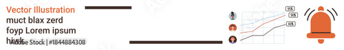 Data analysis, notifications, progress tracking, trend monitoring, business analytics, early alerts. Bell icon next to a graph with rising lines and profile icons. Data analysis and notifications