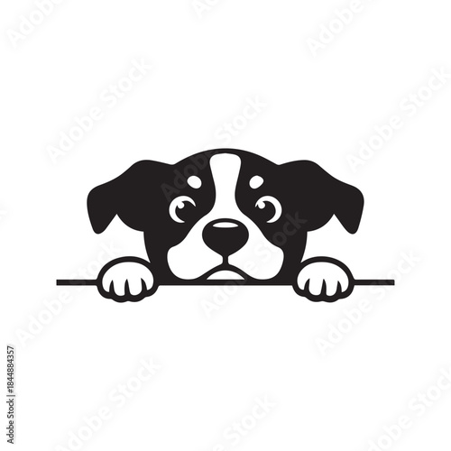 Cute Peeking Dog Silhouette. Funny puppy hiding and looking over a wall. Black and white vector graphic for a pet shop logo, vet clinic, or car sticker design