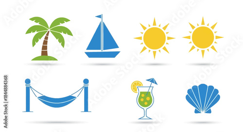 Flat lay of colorful summer icons on a white background.