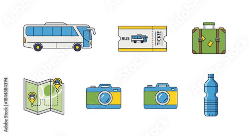 Graphic illustrations of travel icons including a bus, ticket, luggage, map, cameras, and