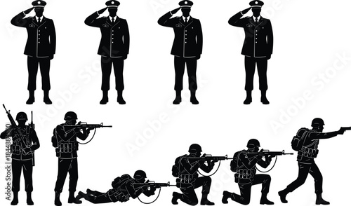 Black Silhouette Vector Set of Soldiers in Combat Gear and Uniform Saluting, Illustrating Military Service, Defense, War, Security, and Patriotism for Design Content