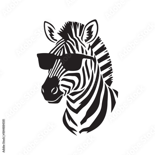 Cool Zebra Wearing Sunglasses. A funky black and white graphic icon of a stylized African animal. Vector stencil for a t-shirt print, logo, or modern mascot design
