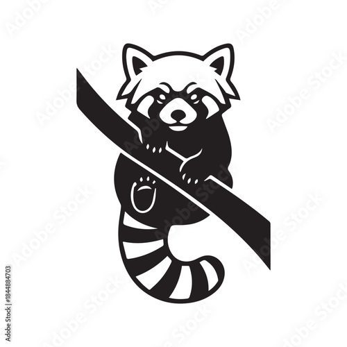 Stylized Red Panda Graphic Icon. A black and white vector illustration of an adorable lesser panda climbing a tree branch. Simple silhouette for a zoo logo, mascot, or nature decal
