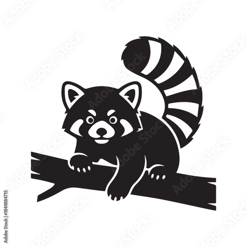 Stylized Red Panda Graphic Icon. A black and white vector illustration of an adorable lesser panda climbing a tree branch. Simple silhouette for a zoo logo, mascot, or nature decal
