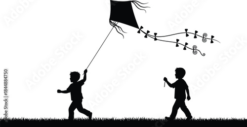 Children flying traditional kite together outdoors, playful childhood silhouette illustration, freedom, joy, friendship concept, minimal black and white vector design