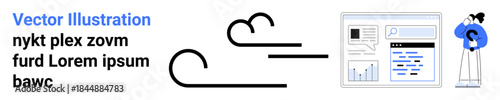 Digital marketing, web interface, data management, user interaction, online browsing, content creation. Abstract browser interface and human figure beside analytics imagery. Digital marketing and web
