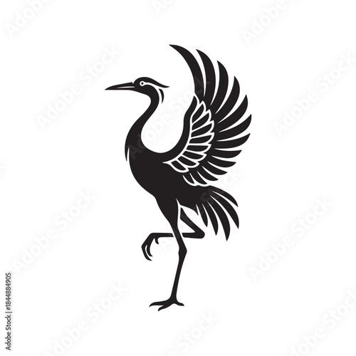 Elegant Stylized Crane. Graceful bird silhouette in a black and white abstract calligraphic style. Vector graphic icon for a logo, tattoo, or symbol of beauty and longevity