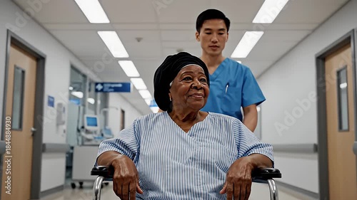 Smiling Senior Cancer Patient in Wheelchair with Nurse Hopeful Recovery in Hospital Corridor
