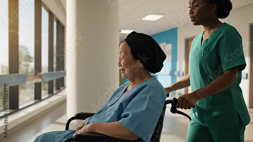 Smiling Senior Cancer Patient in Wheelchair with Nurse Hopeful Recovery in Hospital Corridor
