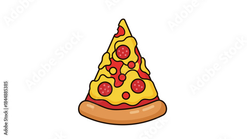Cartoon pizza slice with pepperoni on a golden crust and bubbling cheese.