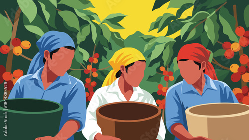 Three Farm Workers Harvesting Berries in a Lush Field Together.
