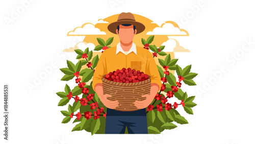 Smiling farmer proudly displays a harvest basket overflowing with fresh tomatoes in a lush garden.