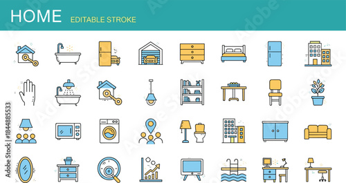 Editable Stroke Home and Furniture Line Icon Set, Including Icons for Appliances, Bathroom, Bedroom, Kitchen, Living Room, and Office