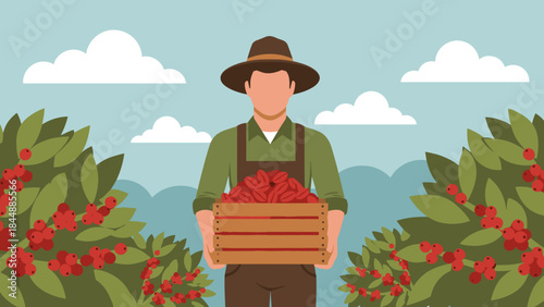 Farmer in a field holding a crate of red berries among lush berry bushes during harvest season.