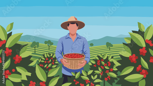 Harvesting farmer in a sunny plantation with ripe coffee cherries.