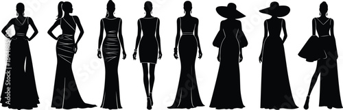 Elegant women fashion silhouettes vector illustration, evening gowns and dresses collection, runway style female figures isolated on white background design