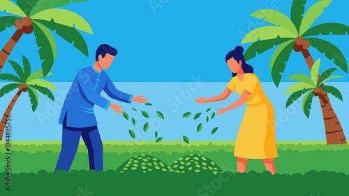 Two People Scattering Seeds in a Sunny Tropical Garden Setting.