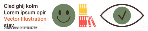 Organizing files, data management, productivity, positivity, document security, review process. Green happy face, file folders and eye with checkmark. Productivity and organizing files concept