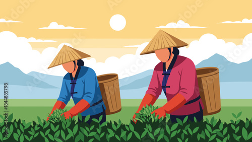 Farmers in traditional hats harvesting crops in a sunny rural field.