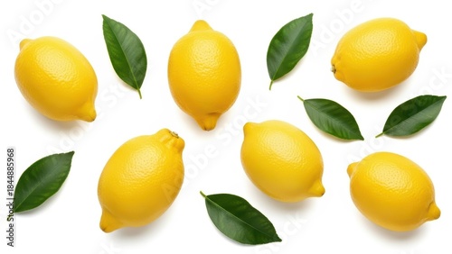 Fresh yellow lemons with green leaves scattered on white background isolated