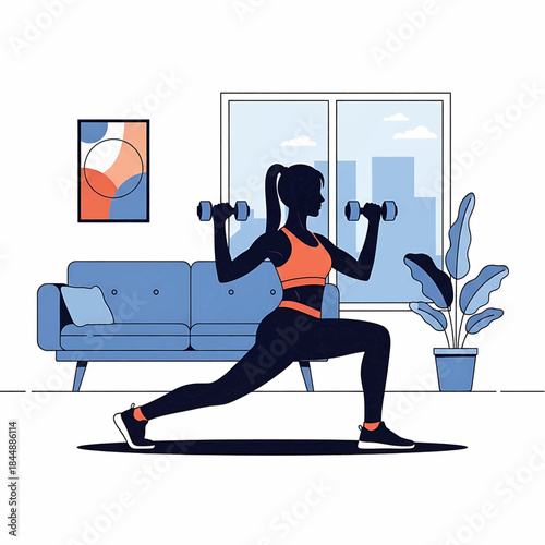 Silhouette of a woman performing a lunging exercise with dumbbells in a modern living room