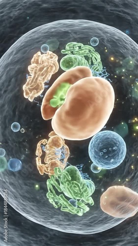 Detailed 3D Animation of Cell Division Process With Chromosomes Replicating and Mitochondria Active In Dark Background And Soft Glow