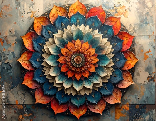 A vibrant, detailed floral mandala with layered petals, set on a textured background