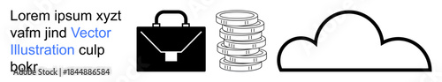 Finance, digital storage, technology, business tools, banking, online services. Black briefcase, stack of coins and cloud icon are aligned. Finance and digital storage concepts