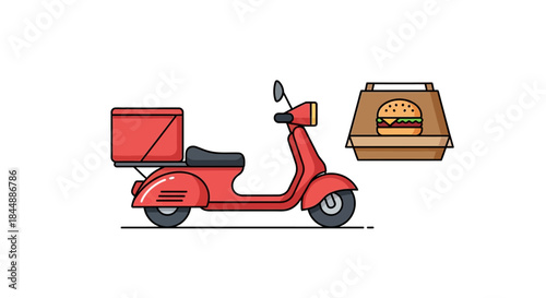 Red Scooter Delivering Food with Burger Box Illustration.