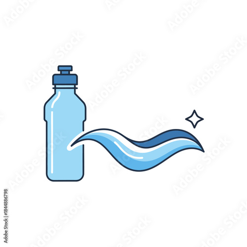 Refreshing blue water bottle with a dynamic wavy splash and sparkling clean icon.