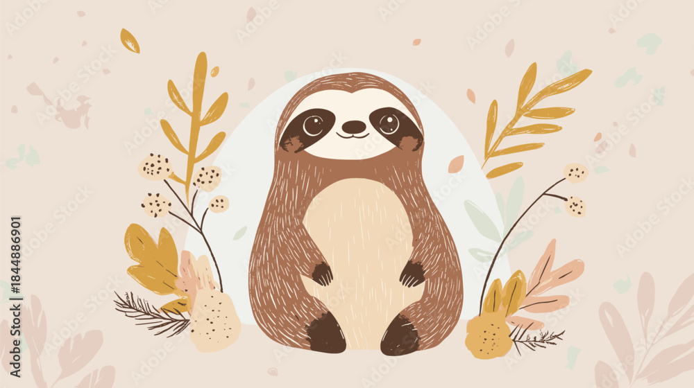 Naklejka premium Adorable Sloth Illustration with Botanical Accents in Soft Colors.