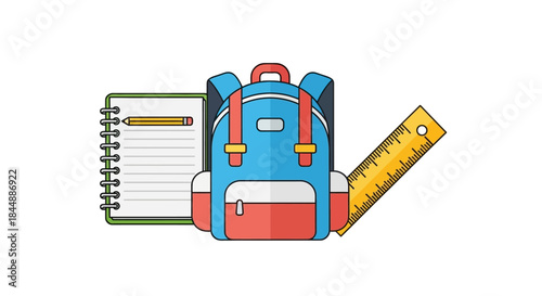 School Supplies Still Life - Backpack, Notebook, Pencil, and Ruler.