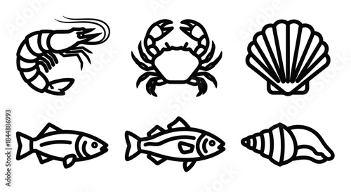 Seafood Icons - Shrimp, Crab, Scallop, and Fish Line Art.