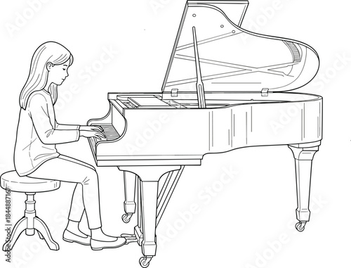 Black and White Line Art Drawing of a Young Girl Playing a Grand Piano, Representing Music Education, Performance, Classic Art, and Talent Development for Creative Design