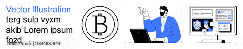 Cryptocurrency, blockchain, digital transactions, cybersecurity, financial technology, online protection. Man pointing to a Bitcoin symbol. Cryptocurrency and blockchain concepts
