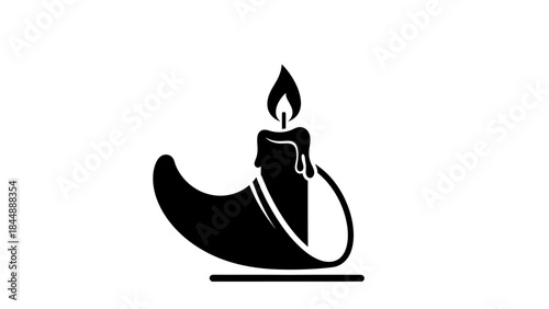A black silhouette of a lit candle on a crescent-shaped holder against a white background.