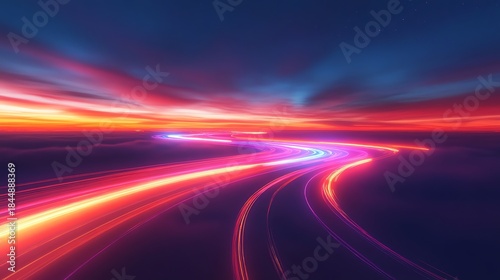 Futuristic Light Trails on Night Sky with Colorful Clouds and Dynamic Motion