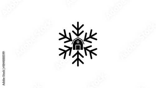 Black snowflake icon with a house in the center on a white background