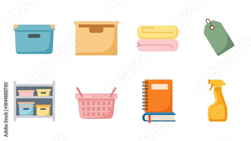 Organized Essentials: A collection of household items, presented in a clean and organized manner, perfect for illustrating themes of tidiness, storage solutions, and home organization.