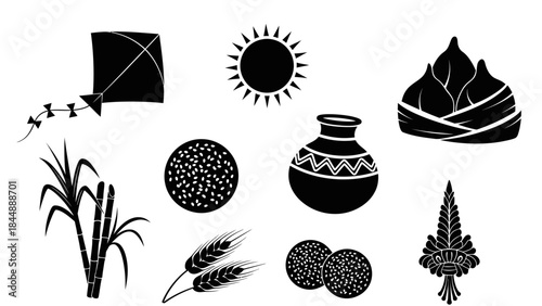 Sun, Kite and Traditional Items: A collection of traditional items, including a kite, sun, sugar cane, wheat and pot, beautifully illustrates culture and festival celebration. 