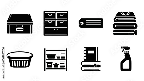 Organization Collection: A monochromatic collection of storage and organization essentials. Features items from boxes and drawers to a laundry basket and cleaning spray.