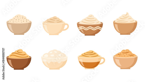 Creamy Delights: A Collection of bowls and cups, each filled with different creamy food representing the diversity of textures and flavors. 
