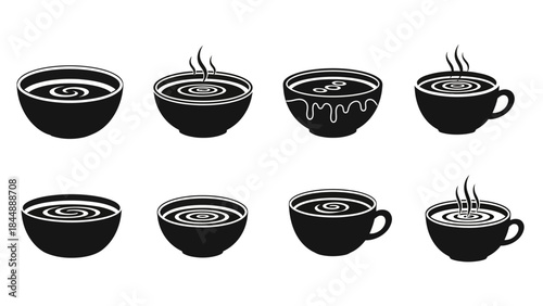 A collection of eight black and white illustrations depicting various bowls and cups filled with hot beverages or soup, some with steam rising.